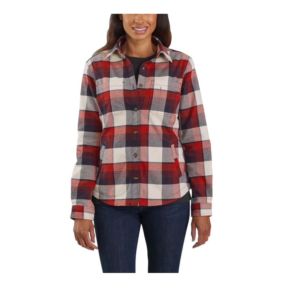 Carhartt Women's Flannel Shirt Shacket Size Medium Red Plaid Fleece Lined